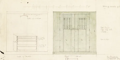 Design para guarda-roupa, mostrado em alçado frontal e interior, c.1899-1900 (lápis, aquarela)