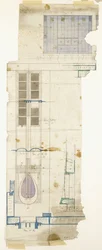 Projeto para guarda-roupa, mostrado em alçado, com detalhes em tamanho médio de painel decorativo, 1904