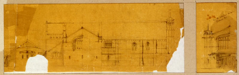 Projeto para a fachada de uma igreja mostrada em elevação e um projeto subsidiário para a entrada da igreja, mostrada em elevação, c.1895-99