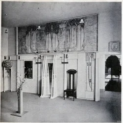 Vista interna de um salão de arte decorativa em Viena, por volta de 1900 (decoração e mobiliário de Charles Rennie e Margaret MacDonald Mackintosh)