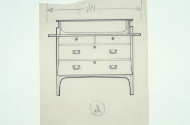 Desenho de linha de mobiliário (um contentor com painéis pintados), c.1910 (tinta sobre papel)