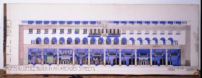Desenhos arquitetônicos não registrados anteriormente para uma loja e uma rua com arcadas, por volta de 1915