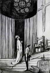 Warwick and the Executioner, cena de &39;St Joan&39; por George Bernard Shaw, c.1924 (carvão sobre papel)