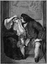 Ilustração do romance de Laurence Sterne "The Life and Opinions of Tristram Shandy, Gentleman" (1713-1768): Tio Toby e Viúva Wadman. Da pintura de Charles Robert Leslie (1794-1859) na exposição de Manchester. Gravura em "Le Monde Illustré".