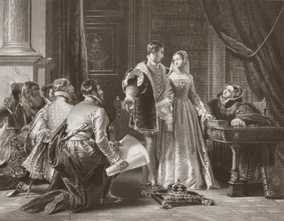 A relutância de Lady Jane Grey em aceitar a coroa, gravada por A.H. Payne (litho)