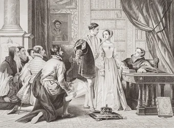 A relutância de Lady Jane Grey em aceitar a coroa, Sion House, em 8 de julho de 1553, de "Ilustrações da História Escocesa e Inglesa", Volume I