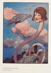 Um pombo grande tinha-lhe voado para a cara.
Alice com um pescoço comprido.