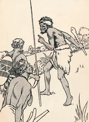 Homens aborígines se aproximando de uma fazenda de colonos, 1912