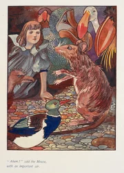 "Ahem!" disse o rato, com um ar importante.
Alice com um rato e outros animais.