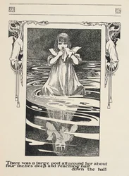 Havia uma grande piscina à sua volta, com cerca de cinco centímetros de profundidade e que chegava a metade do corredor.
A Alice estava a chorar na poça de lágrimas.