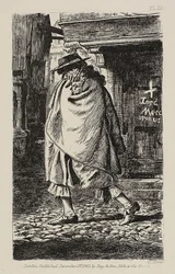Uma figura encapuzada passando pela rua (na época da peste em Londres)