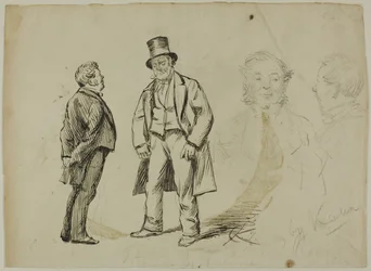 Esboço de dois homens em pé e dois retratos
