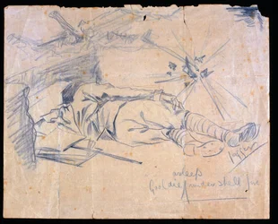 Tenente Leslie Gooldie adormecida sob fogo de concha, 1915