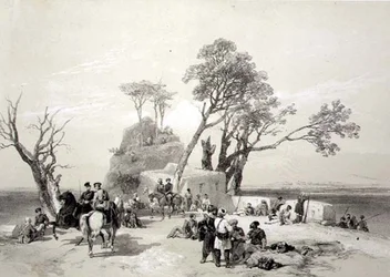 Panjab: Posto avançado de Rhodawala ocupado pelos Piquetes Britânicos em 10 de Fevereiro de 1845, placa 8 de "Recollections of India", gravada por James Duffield Harding (1798-1863) 1847 (litho)