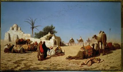 Uma caravana parada no deserto
