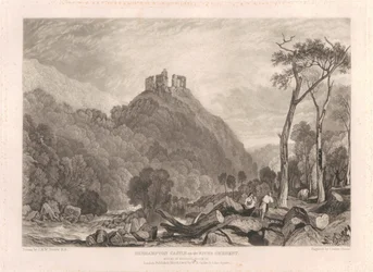 O castelo de Okehampton no rio Okement
