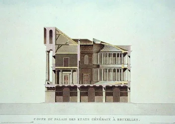 Cross Section of the Palais des Etats Generaux, Bruxelas, de "Choix des Monuments, Edifices et Maisons les plus remarquables du Royaume des Pays-Bas" de Pierre Jacques Goetghebuer, publicado em 1827 (aquatint) (ver também 189230)