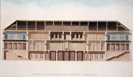 Cross Section of the Palais des Etats Generaux, Bruxelas, de "Choix des Monuments, Edifices et Maisons les plus remarquables du Royaume des Pays-Bas" de Pierre Jacques Goetghebuer, publicado em 1827 (aquatint) (ver também 189231)