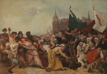 A estátua despedaçada do Duque de Alva a ser arrastada pelas ruas