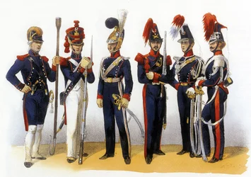 Uniformes do exército francês: Guarda Nacional (Artilharia e Cavalaria) 18-19 século, gravura de Charles Vernier (1831-1887)