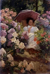 Rapariga com um guarda-sol. Rapariga com um guarda-sol num jardim em flor. Pintura de Charles Wellington Furse (1868-1904 Inglês) Coleção particular