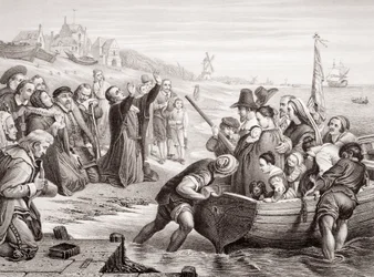 Partida dos Padres Peregrinos de Delft Haven em julho de 1620, de &39;Ilustrações da História Escocesa e Inglesa&39; Volume I (gravura)