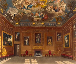 Câmara da Audiência da Rainha, Castelo de Windsor, de &39;Royal Residences&39;, gravada por WJ Bennett, pub. por William Henry Pyne (1769-1843), 1818 (aquatinta)