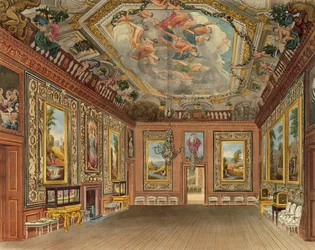 A sala de estar da rainha, castelo de Windsor, de "residências reais", gravada por Thomas Sutherland (b.1785), bar. por William Henry Pyne (1769-1843), 1816 (aquatinta)