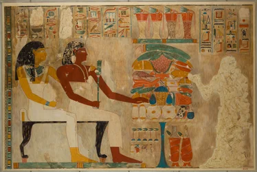 Vizir Rekhmire e sua mãe Meryt com oferendas de comida, c.1928 (tempera sobre papel)