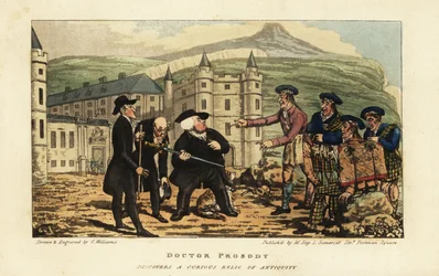 Um pedreiro escocês informa turistas ingleses de que a sua antiga espada falchion enferrujada é uma lâmina moderna de Andrea Ferrara, diante do Palácio de Holyrood, Edimburgo