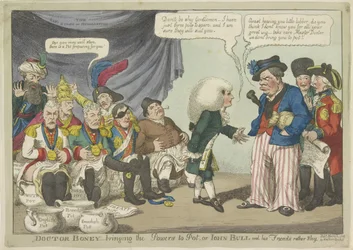 Dokter Napoleon zet de Europese vorsten op de pot, 1808 Doutor Boney - trazendo os poderes para o pote, ou John Bull e seus amigos bastante tímidos (título no objeto)