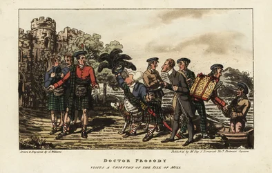 Turista inglês em um kilt tartan encontro com um chefe de clã fora de um castelo medieval na Ilha de Mull, Hébridas Interior, Escócia
