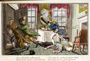 Seus olhos dispararam um olhar fulminante ... de As aventuras de um capitão de posto, por um oficial da Marinha, pub. 1820 (aquatinta colorida à mão)
