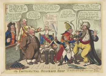 Napoleão como barbeiro para as potências europeias, 1806 The Continental Shaving Shop (título no objeto)