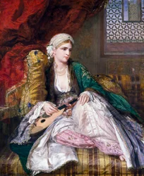 Orientalismo: "Beleza Oriental" europeia com turbante e véus (estilo turco) deitada com um instrumento musical. Pintura de Charles Wynne Nicholls (1831-1903) (pré-rafaelita) 1865