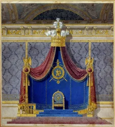 Arte França: O trono de Napoleão I no Palais des Tuileries criado por Charles Percier (1764-1838) e Pierre Francois Leonard Fontaine (1762-1853), arquitetos e decoradores franceses. Coleção Particular