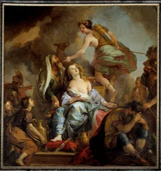 O sacrifício de Ifigénia: o rei Agamémnon sacrifica a filha para apaziguar a ira de Ártemis. Pintura de Charles de Lafosse (1636-1716), século XVII. A. 2,24x2,12 m