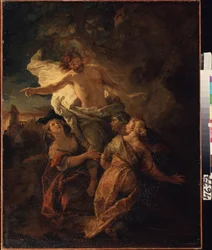 Cristo e as Santas Mulheres. Jesus Cristo ressuscitou perante as três virgens. Pintura de Charles de La Fosse (1636-1716), início de 1680. Arte francesa no estilo barroco. Óleo sobre tela. Museu Pushkin, Moscovo.
