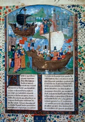Tristan e Iseult (Isolde ou Yseult) deixam a Irlanda, Tristan bebe o filtro do amor. No fundo, os seus dois corpos são trazidos de volta à Irlanda. Miniatura do manuscrito ms. 103 f.1 O romance de Tristão" atribuído ao mestre Charles of Maine. 15º século