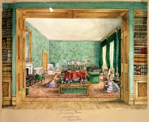 A sala de desenho em Meesdenbury, f13 de um álbum de interiores, 1843 (wc no papel)