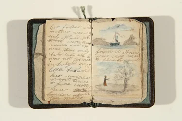 História começando com "Era uma vez uma menina e seu nome era Ane, c.1828 (caneta e tinta e aquarela sobre papel)