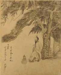 Preparando o Elixir sob um pinheiro, Qing dynasy, 1651 (tinta em papel dourado)