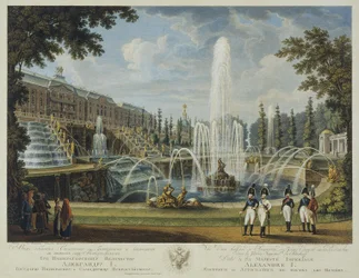 Vista da Great Cascade, da Samson Fountain e do Great Palace em Peterhof, início do século XIX.