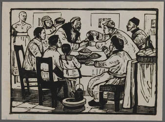 Vamos tomar uma bebida para comemorar a véspera de ano novo, c.1945 (xilogravura)