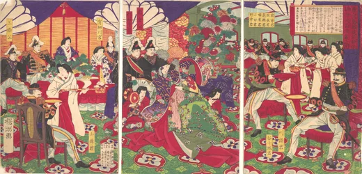 Os líderes da pacificação dos rebeldes de Kagoshima a celebrar com taças ..., 20 de setembro de 1877.