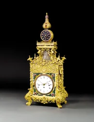 Um relógio de mesa autômato musical muito raro, ormolu, inserido em pasta, provavelmente Guangzhou, c.1790