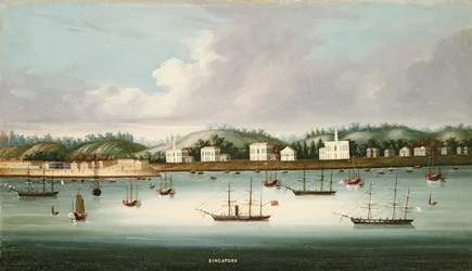Uma vista de Cingapura das estradas com transporte americano, francês e britânico, c.1850