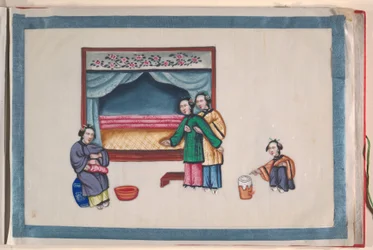 Álbum, finais do século XIX (álbum de doze folhas; tinta e cor sobre papel vegetal, encadernado em damasco vermelho)