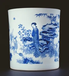 Brushpot azul e branco pintado com uma senhora e meninos brincando em cavalos de passatempo em um jardim, Chongzheng, 1630-44 (porcelana) (ver 205937)