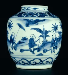 Frasco azul e branco pintado com meninos em jogo em cavalos de passatempo, Wanli ou Chongzheng, 1600-30 (porcelana) (ver 206093, 206095, 206096)